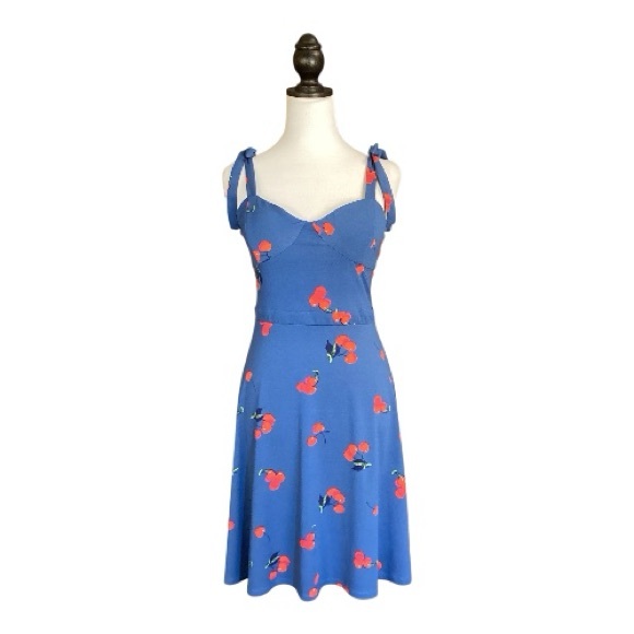 ModCloth Blue & Red Cherry Print Tie-Strap Smocked Back Mini Dress Size M - Picture 2 of 9